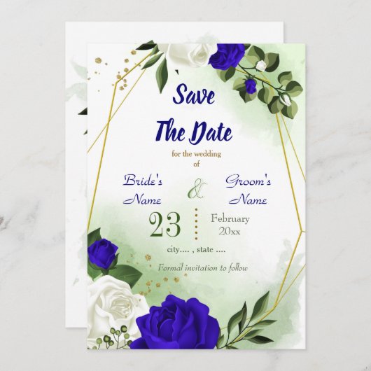 Save The Date bleu royal blanc fleuri vert or géométrique (Devant / Derrière)