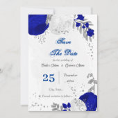 Save The Date bleu royal et fleurs blanches argent (Devant)