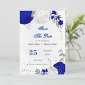 Save The Date bleu royal et fleurs blanches argent (Debout devant)
