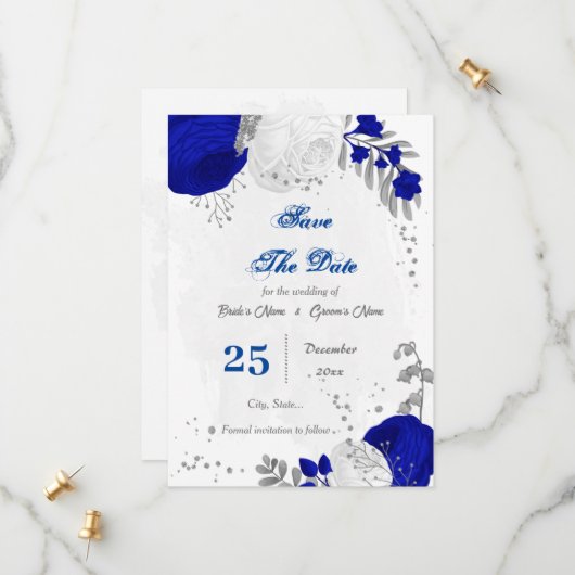 Save The Date bleu royal et fleurs blanches argent (Devant/Arrière en situation)