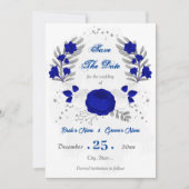 Save The Date bleu royal et fleurs blanches argent botanique (Devant)