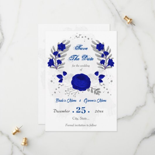 Save The Date bleu royal et fleurs blanches argent botanique (Devant/Arrière en situation)