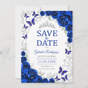 Save The Date Bleu Royal Fleurs Argent Quinceanera