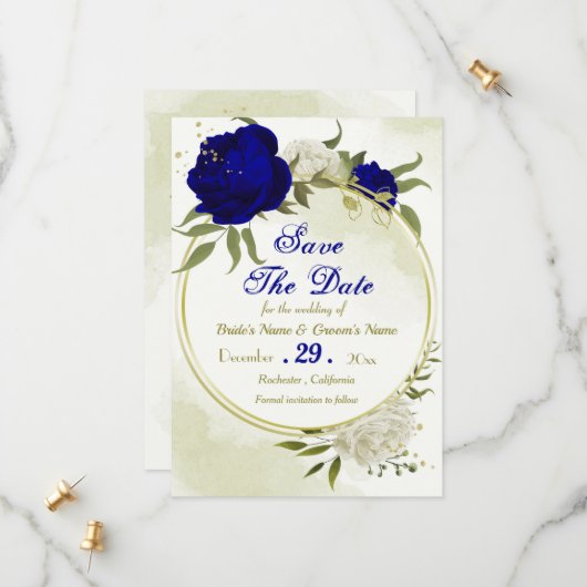 Save The Date bleu royal fleurs blanches vert feuilles (Devant/Arrière en situation)