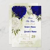 Save The Date bleu royal fleurs blanches vert feuilles (Devant / Derrière)