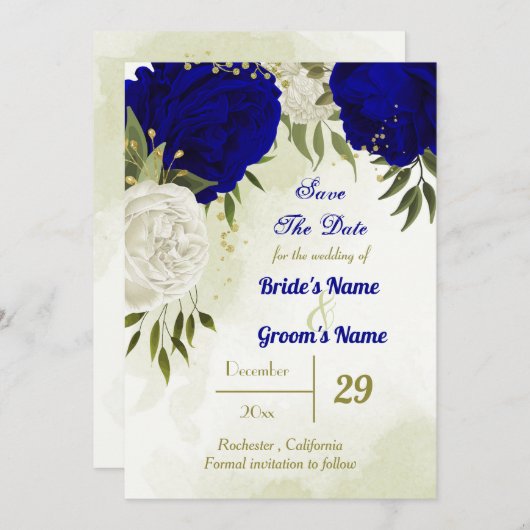 Save The Date bleu royal fleurs blanches vert feuilles (Devant / Derrière)