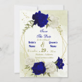 Save The Date bleu royal fleurs blanches vert feuilles (Devant)