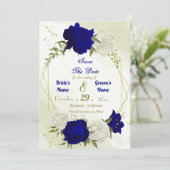 Save The Date bleu royal fleurs blanches vert feuilles (Debout devant)