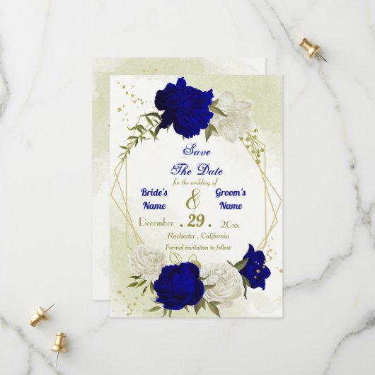 Save The Date bleu royal fleurs blanches vert feuilles (Devant/Arrière en situation)