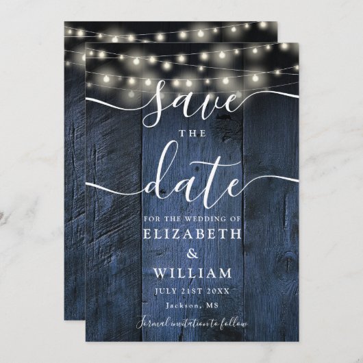 Save The Date Bleu Russe Chaîne de bois Lumières Barne Boho Mari (Devant / Derrière)