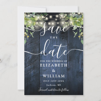 Save The Date Bleu Rustique Bois Chaîne Lumières Verdure Mariage