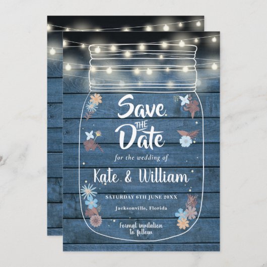 Save The Date Bleu Rustique Bois Mason Jar Chaîne Lumière Floral (Devant / Derrière)