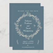 Save The Date Bleu rustique orné de fleurs couronne Enregistrer  (Devant / Derrière)