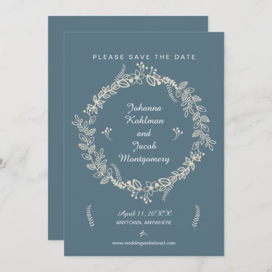 Save The Date Bleu rustique orné de fleurs couronne Enregistrer  (Devant / Derrière)