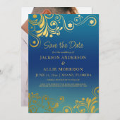 Save The Date Bleu sarcelle ombré flourish or photo mariage (Devant / Derrière)