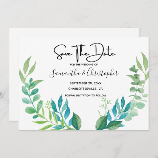 Save The Date Bleu Vert Botanique Verdure Eucalyptus Feuille (Devant / Derrière)