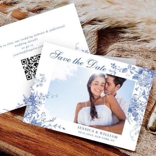 Save The Date Bleu victorien Français Floral Mariage Photo Code