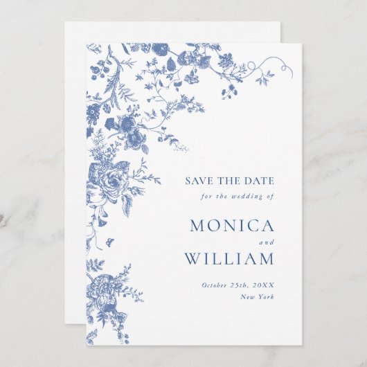 Save The Date Bleu Victorien Toile Français Jardin Mariage Flora (Devant / Derrière)