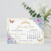 Save The Date Bleu violet Floral Twins Quinceanera Calendrier (Debout devant)