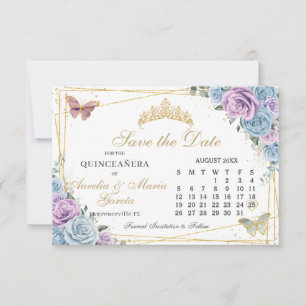 Save The Date Bleu violet Floral Twins Quinceanera Calendrier