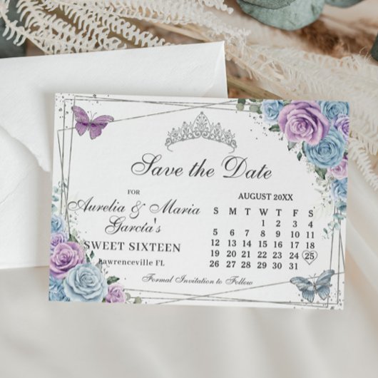 Save The Date Bleu violet Floral Twins Sweet 16 Quince Calendrie
