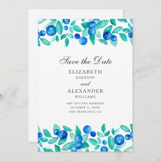Save The Date Bleus aquarelle. Mariage bleu et menthe (Devant / Derrière)