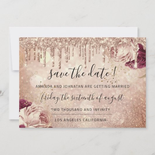 Save The Date  Bloemen Roos Glitter Drips Marsala (Voorkant)