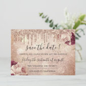 Save The Date  Bloemen Roos Glitter Drips Marsala (Staand voorkant)