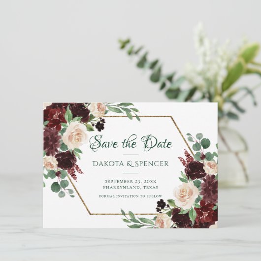 Save The Date Blooms rustiques | Terracotta et Marsala Rouge Flo (Debout devant)