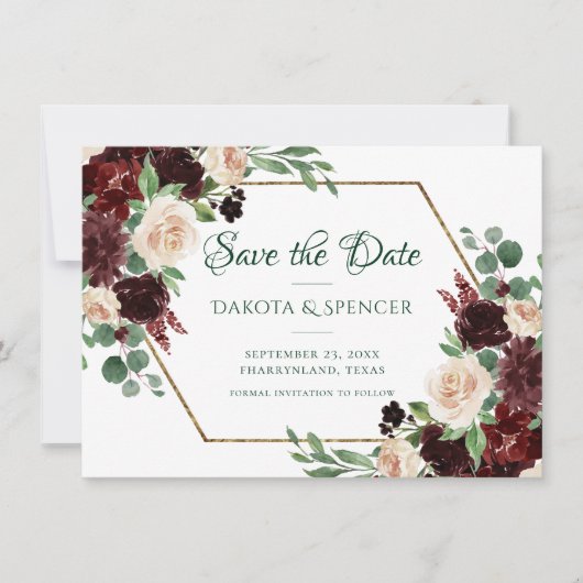 Save The Date Blooms rustiques | Terracotta et Marsala Rouge Flo (Devant)