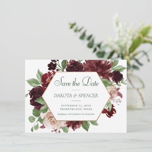 Save The Date Blooms rustiques | Terracotta et Marsala Rouge Flo (Debout devant)