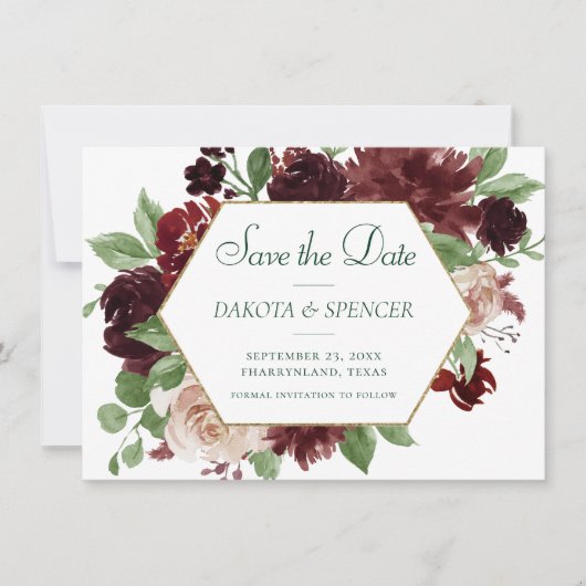 Save The Date Blooms rustiques | Terracotta et Marsala Rouge Flo (Devant)