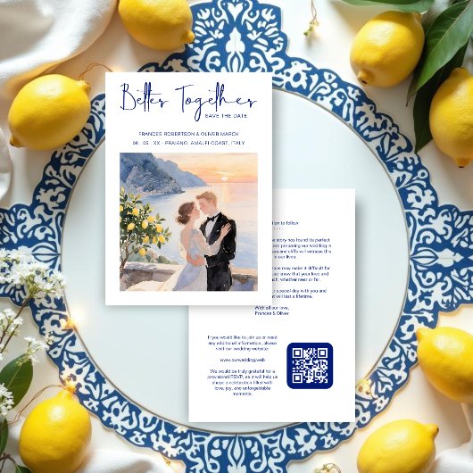 Save The Date Blue Amalfi Coast Lemon Tree Chic Wedding Couple