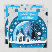 Save The Date Blue and White Winter Wonderland Maisons Snow Glob (Devant / Derrière)