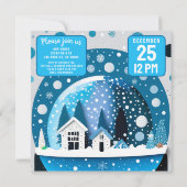 Save The Date Blue and White Winter Wonderland Maisons Snow Glob (Dos)
