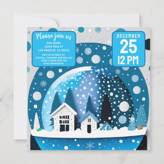 Save The Date Blue and White Winter Wonderland Maisons Snow Glob (Dos)