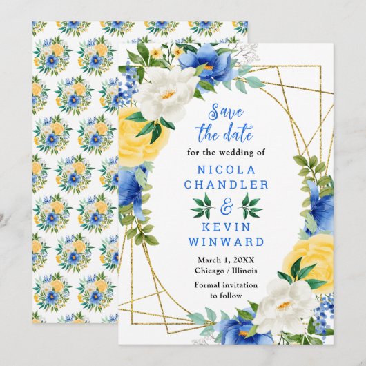 Save The Date Blue and Yellow Flowers Wedding (Devant / Derrière)