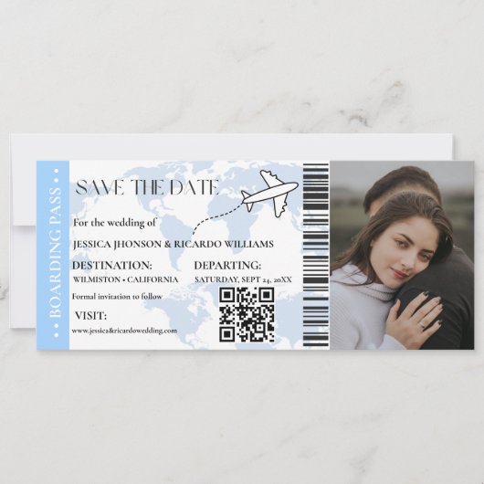 Save The Date Blue Boarding pass Moderne enregistrer le ticket d (Devant)