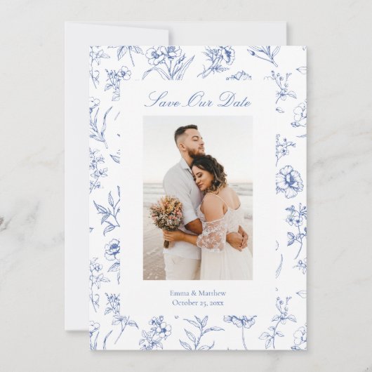 Save The Date Blue Chinoiserie Toile Fleurs Photo (Devant)