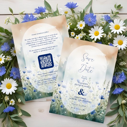 Save The Date Blue Delicate Romantic Wildflowers Field Wedding