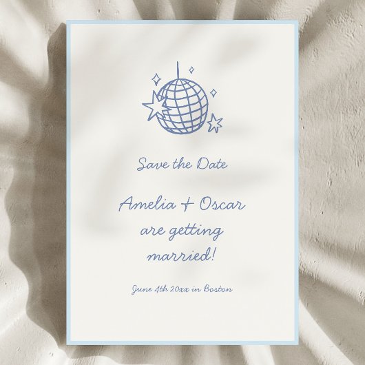 Save The Date Blue Disco Ball Doodle Simple Fun Script Wedding