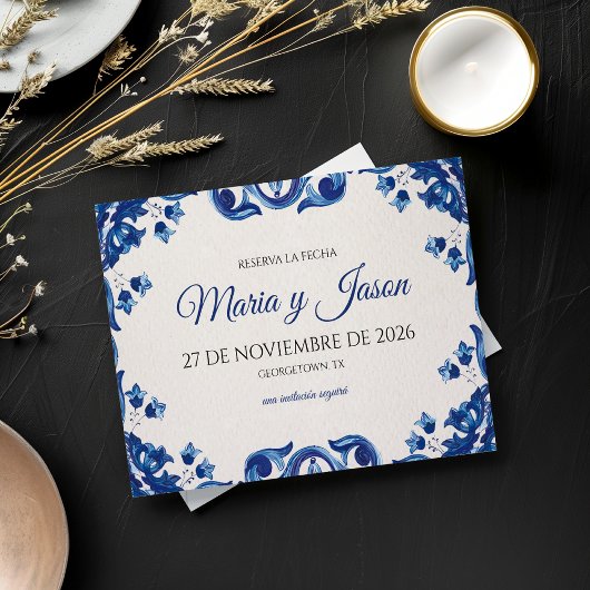 Save The Date Blue Floral Elegant Fiesta Spanish Wedding