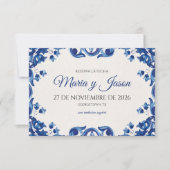 Save The Date Blue Floral Elegant Fiesta Spanish Wedding (Devant)