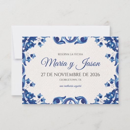 Save The Date Blue Floral Elegant Fiesta Spanish Wedding (Devant)