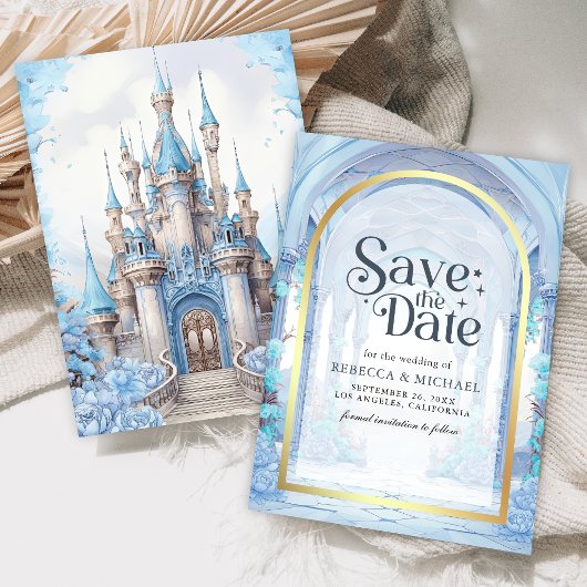 Save The Date Blue Floral Fairytale Castle Wedding