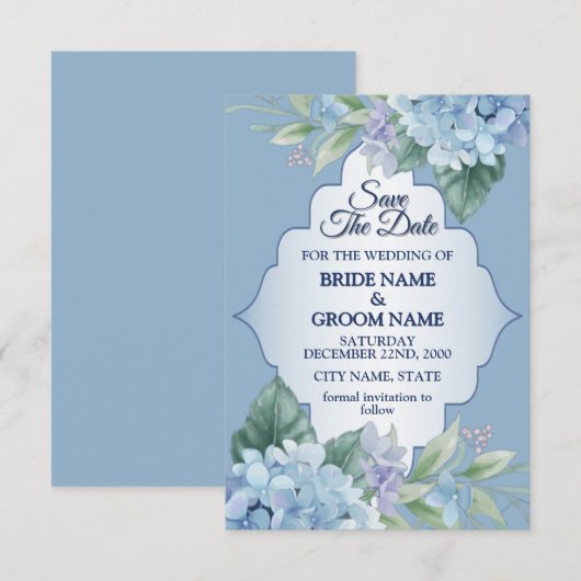 Save The Date Blue Floral Green Leaves Frame Elegant Wedding (Devant / Derrière)