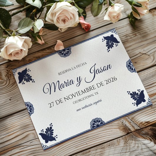 Save The Date Blue Floral Otomi Simple Fiesta Spanish Wedding