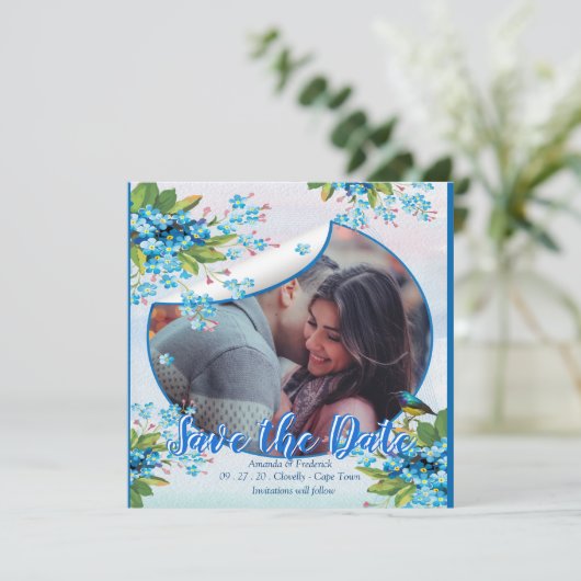Save The Date Blue Forget-me-not Flower Enregistrer les dates (Debout devant)