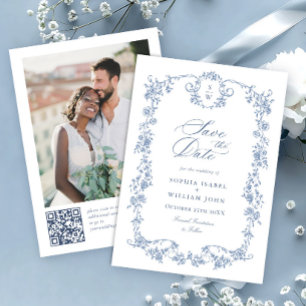 Save The Date Blue French Toile Garden Code QR Mariage photo