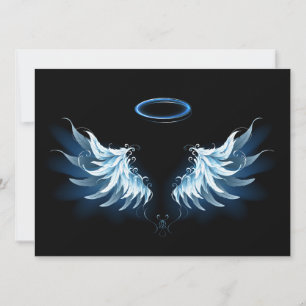 Save The Date Blue Glowing Angel Wings on black background